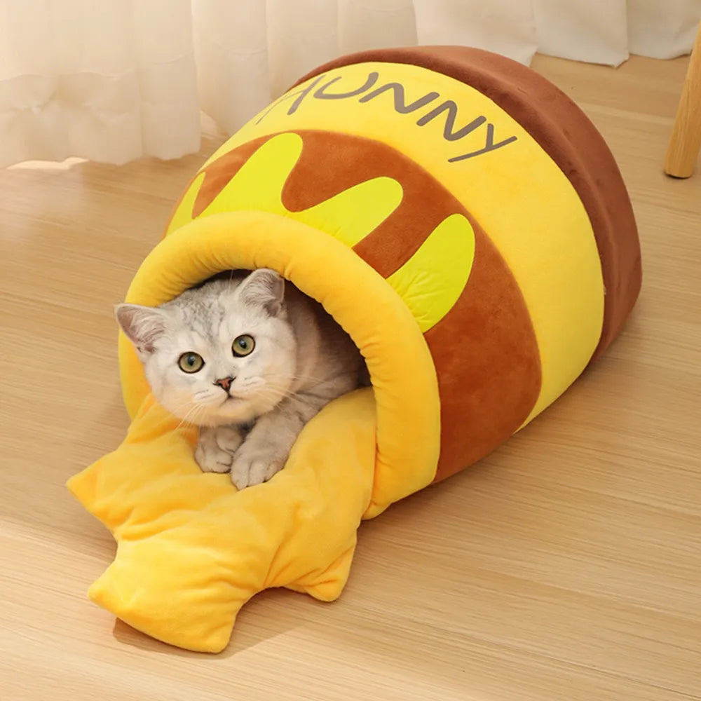 Bezauberndes Katzenbett mit Honigglas-Motiv
