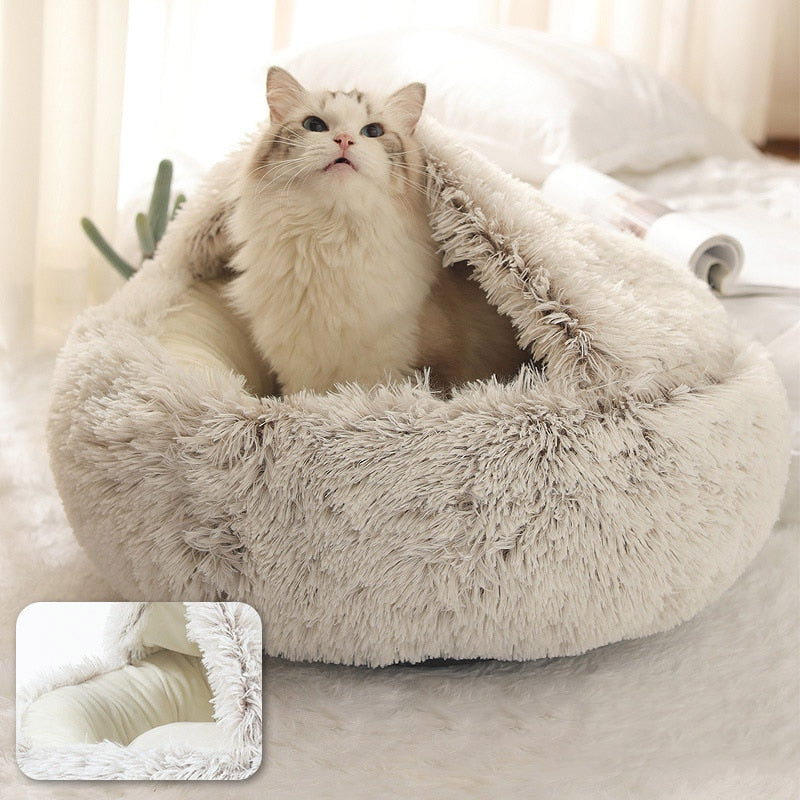 Pet Dog Cat Bed Round Plush Cat Warm Bed House Soft Long Plush Bed For