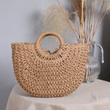 Summer Top Handle Semi Circle Straw Bag