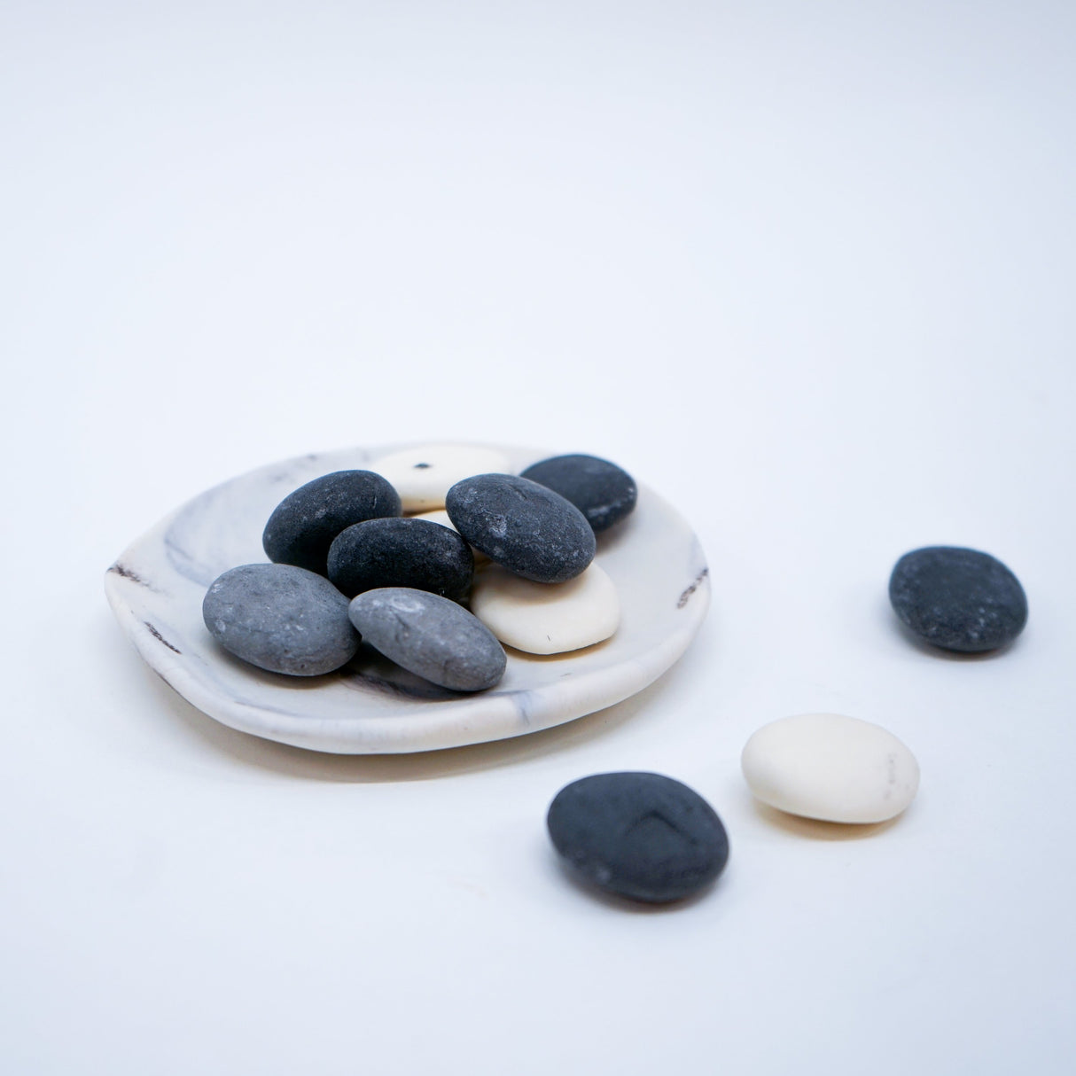 Assorted Small Pebble Soaps with Porcelain Dish