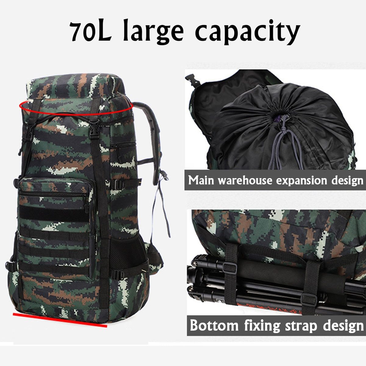 Sac à dos militaire de camping extérieur imperméable 70L