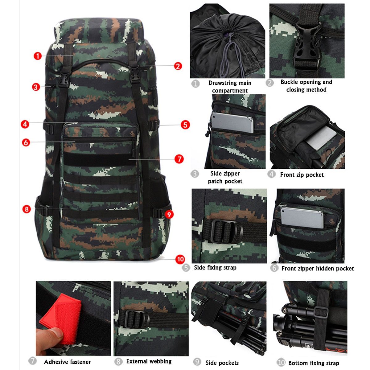 Sac à dos militaire de camping extérieur imperméable 70L